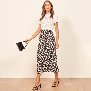 Reformation Black and White Floral Midi Skirt